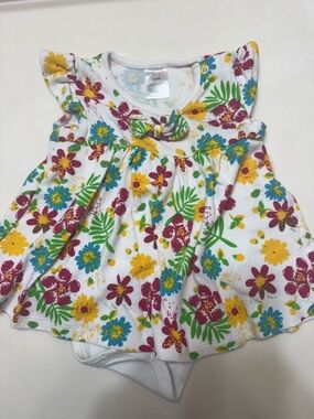 Swiggles White Baby Romper with Yellow, Teal & Maroon Floral Print